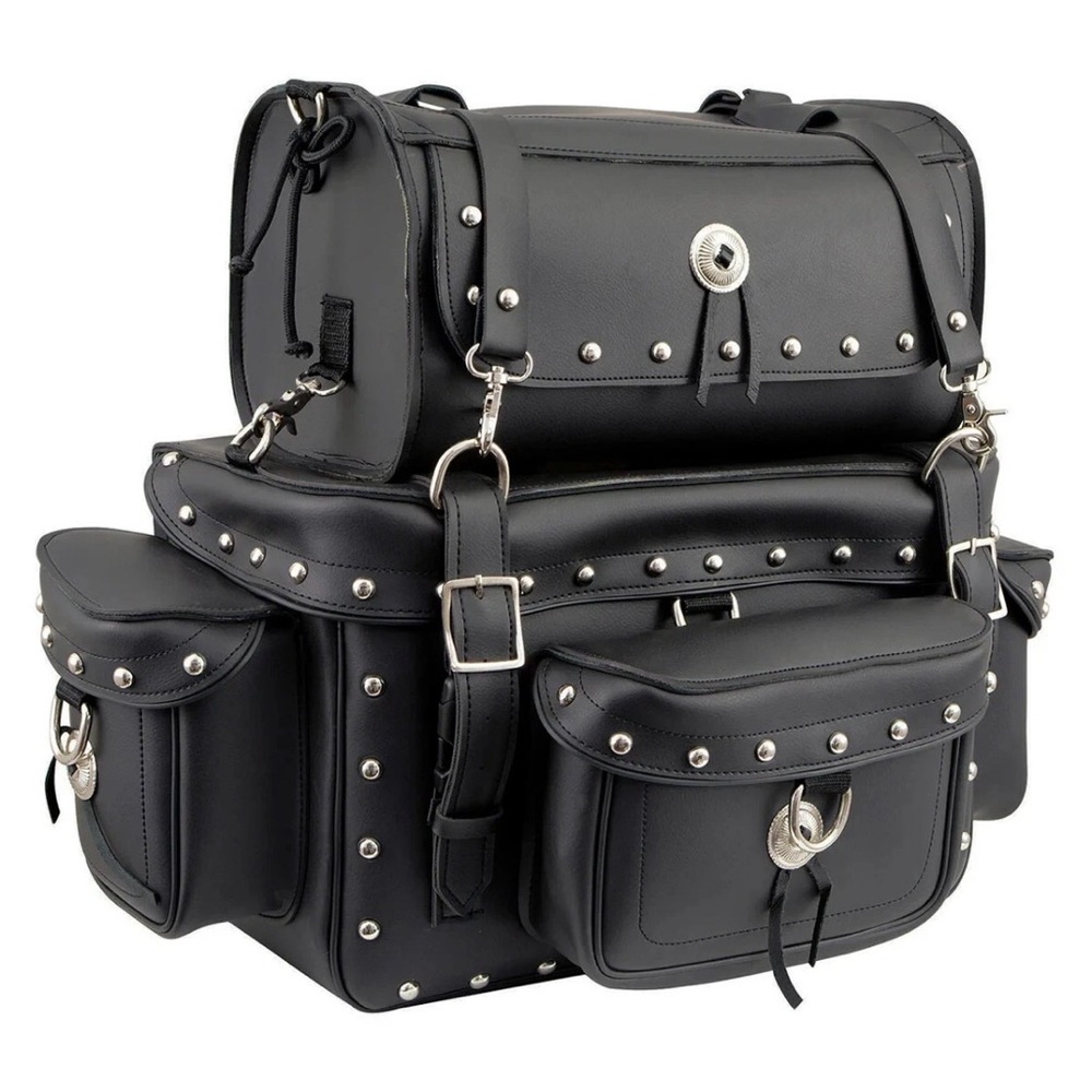 🔥Milwaukee Leather MP8100S PVC 3Pc Studded Motorcycle Touring Pack SissyBar Bag